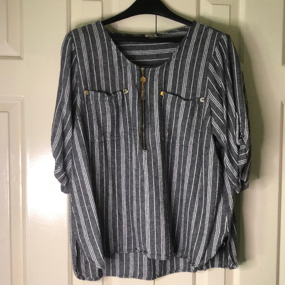 Striped Gray Blouse with Zipper Detail